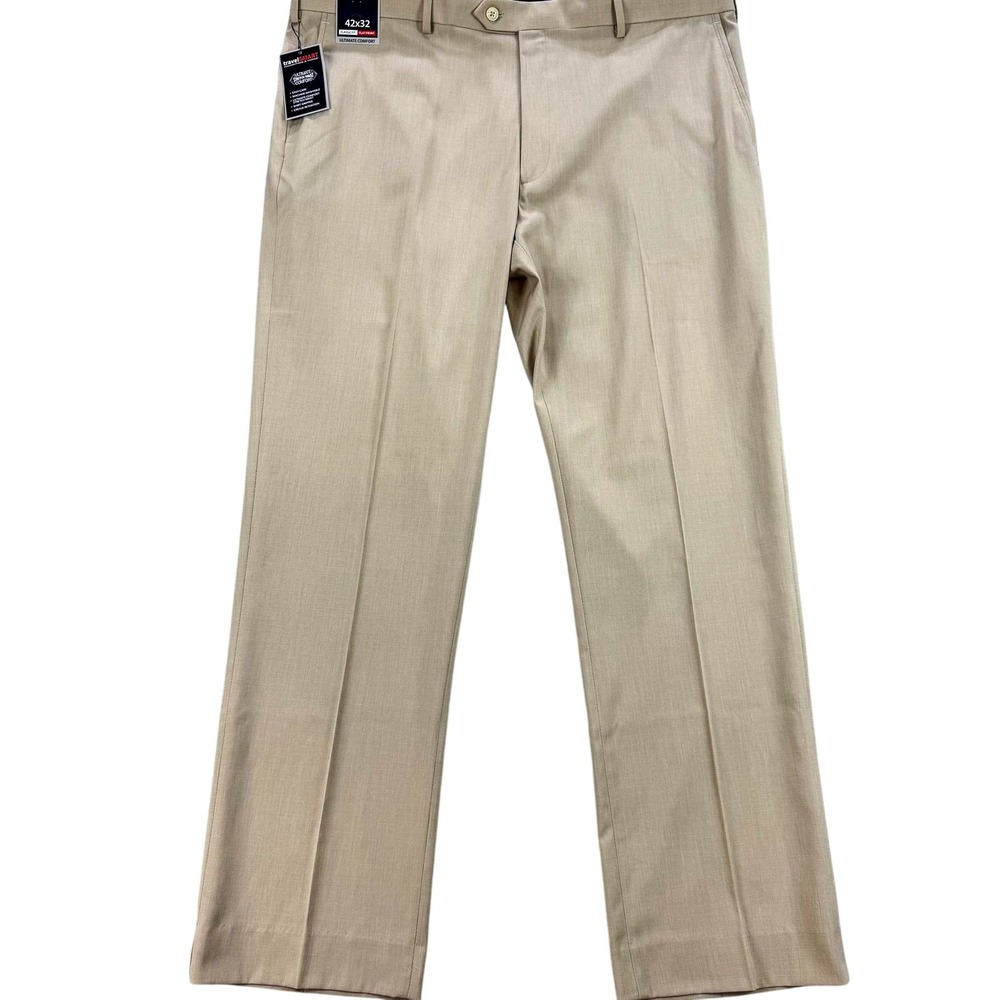 Roundtree & Yorke TravelSMART Dress Pants Mens 42x32 Beige Stretch NEW $70